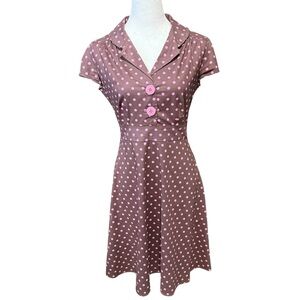 Ruby Rox Brown w/Pink Polka Dot Fit & Flare Short Sleeve Cotton Spandex Dress